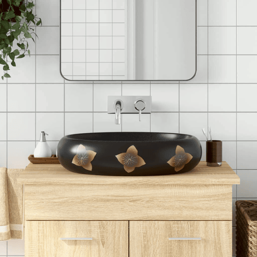 vidaXL Lavatório de bancada oval 59x40x15 cm cerâmica preto e azul
