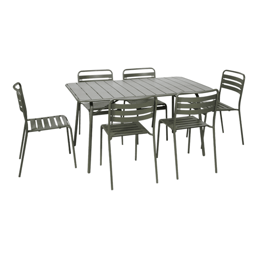 Mesa de jardim dobrável de metal com 6 cadeiras, Amelia, Verde caqui, 141.2x80x72.5 cm