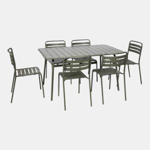 Mesa de jardim dobrável de metal com 6 cadeiras, Amelia, Verde caqui, 141.2x80x72.5 cm
