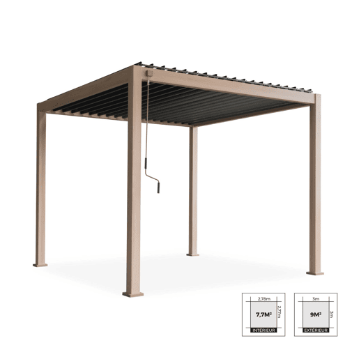 3x3m pérgola bioclimática de alumínio com lâminas ajustáveis, Triomphe 3x3m, Madeira, 301x301x250 cm