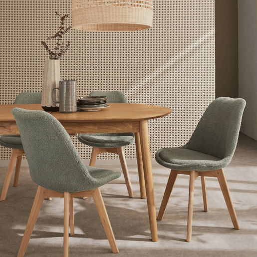 Cadeira escandinava encaracolada com pernas de madeira, set de 4, Nils boucle, Verde celadon, 47x55x81 cm