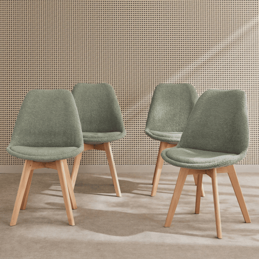 Cadeira escandinava encaracolada com pernas de madeira, set de 4, Nils boucle, Verde celadon, 47x55x81 cm