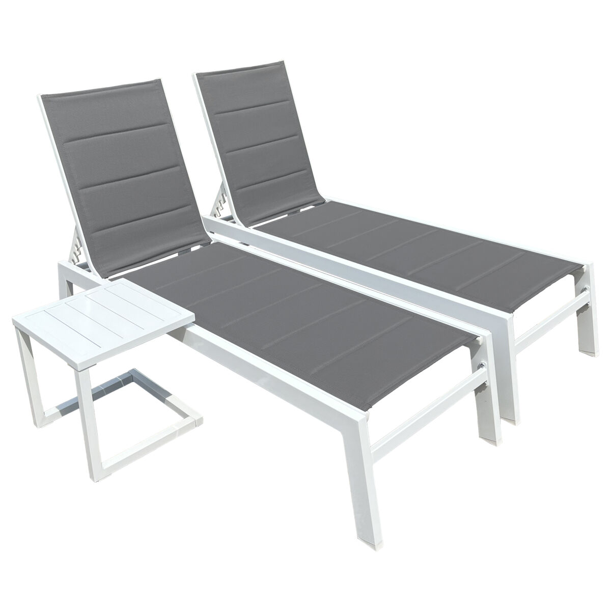 Lote de 2 tumbonas y mesa auxiliar BARBADOS de textileno y aluminio Gris