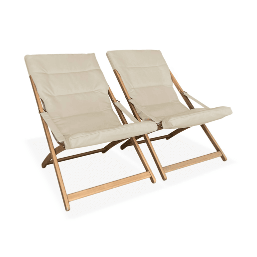 Chilienne de madeira dobrável, assento almofadado (Conjunto de 2), Vigo, Beige, 95x64x83.5 cm