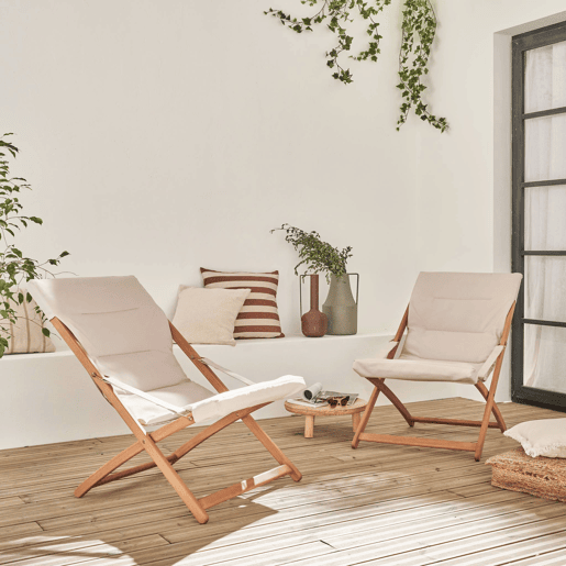 Chilienne de madeira dobrável, assento almofadado (Conjunto de 2), Vigo, Beige, 95x64x83.5 cm