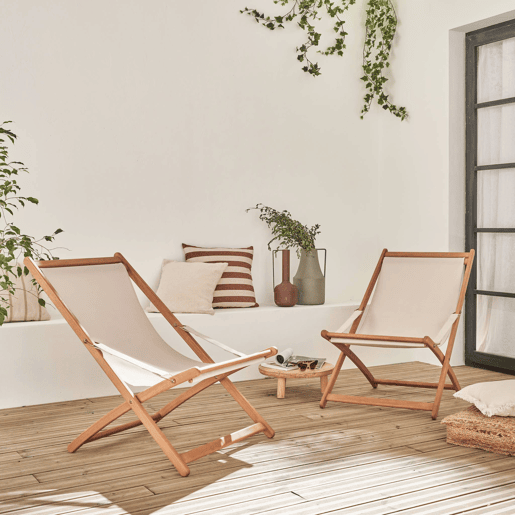 Chilienne de madeira dobrável, assento almofadado (Conjunto de 2), Vigo, Beige, 95x64x83.5 cm