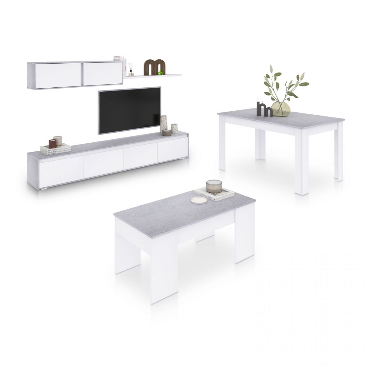 Pack salón con mesa de centro y mesa de comedor arlet max v2b blanco artik (blanco mate) - gris cemento 200 x 43 x 41 cm