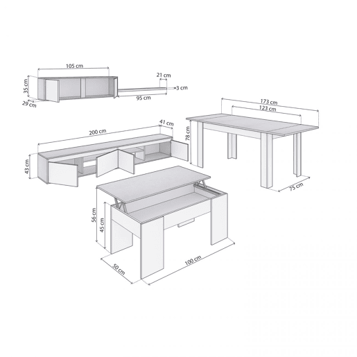 Conjunto de sala de estar com mesa de centro e mesa de jantar Arlet Max V2B Branco Artik (Branco mate) - Cinzento Cimento 200 x 43 x 41 cm