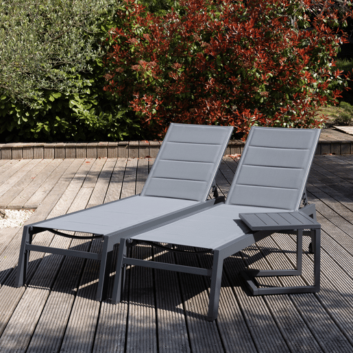 Conjunto de 2 espreguiçadeiras e mesa de apoio BARBADOS em textilene cinzento - alumínio cinzento antracite