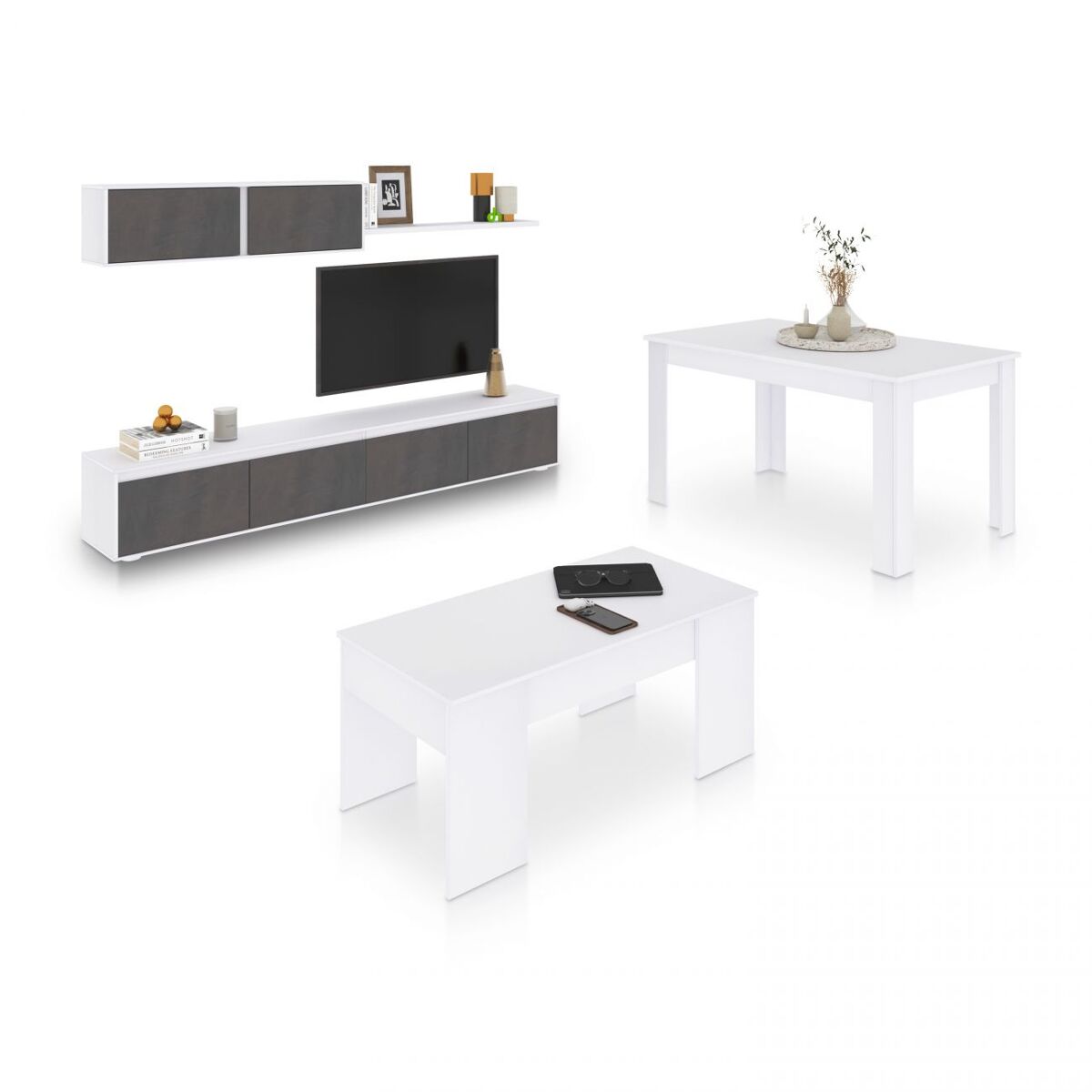 Pack salón con mesa de centro y mesa de comedor arlet max v2b blanco artik (blanco mate) - óxido 200 x 43 x 41 cm