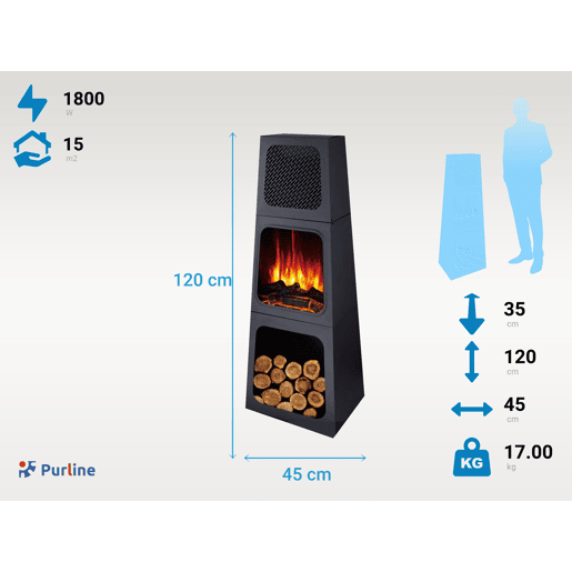 Fogão elétrico de chão. Efeito de chama LED independente do aquecedor Efeito madeira. Duas potências. Termostato regulável. Espaço inferior para troncos decorativos.