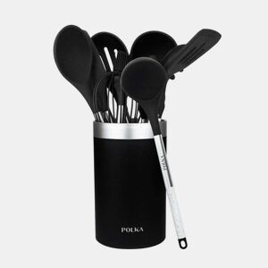 Cecotec Conjunto de 9 utensílios, com cabeça preta, revestida com soft touch e pega de aço em cor de madeira clara. Os principais materiais são silicone, nylon e PP. Este conjunto inclui um porta-utensílios Polka.