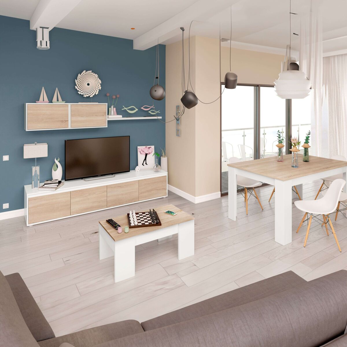 Conjunto de Muebles de Salón Comedor 200 Blanco/ Madera