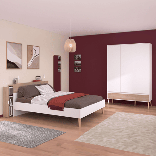 Cama Osaka estilo nórdico quarto de casal carvalho japonês e branco 135-140x190 cm Cama Osaka estilo nórdico quarto de casal carvalho japonês e branco 135-140x190 cm