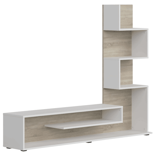 Móvel de TV estilo nórdico Snake para sala de estar e sala de jantar em carvalho Sonoma e Nymphaea Alba com 4 prateleiras 160x130x29 cm Móvel de TV estilo nórdico Snake para sala de estar e sala de jantar em carvalho Sonoma e Nymphaea Alba com 4 prateleiras 160x130x29 cm