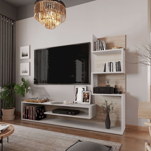 Móvel de TV estilo nórdico Snake para sala de estar e sala de jantar em carvalho Sonoma e Nymphaea Alba com 4 prateleiras 160x130x29 cm Móvel de TV estilo nórdico Snake para sala de estar e sala de jantar em carvalho Sonoma e Nymphaea Alba com 4 prateleiras 160x130x29 cm