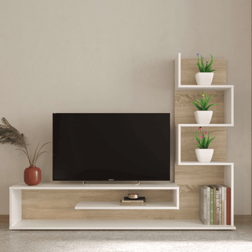 Móvel de TV estilo nórdico Snake para sala de estar e sala de jantar em carvalho Sonoma e Nymphaea Alba com 4 prateleiras 160x130x29 cm Móvel de TV estilo nórdico Snake para sala de estar e sala de jantar em carvalho Sonoma e Nymphaea Alba com 4 prateleiras 160x130x29 cm