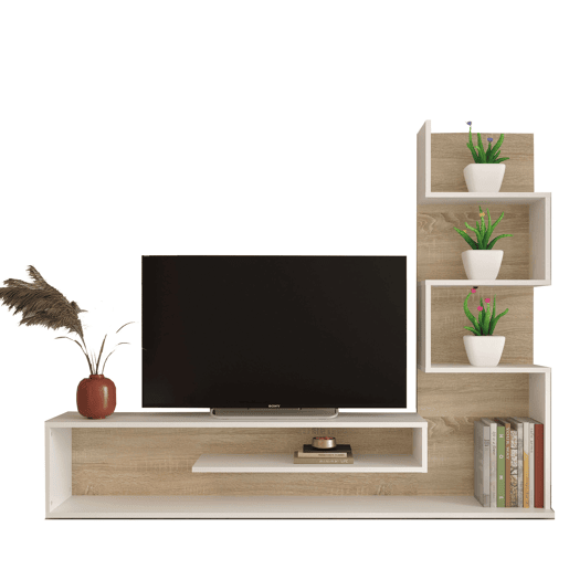 Móvel de TV estilo nórdico Snake para sala de estar e sala de jantar em carvalho Sonoma e Nymphaea Alba com 4 prateleiras 160x130x29 cm Móvel de TV estilo nórdico Snake para sala de estar e sala de jantar em carvalho Sonoma e Nymphaea Alba com 4 prateleiras 160x130x29 cm