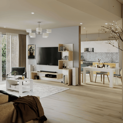 Móvel de TV estilo nórdico Snake para sala de estar e sala de jantar em carvalho Sonoma e Nymphaea Alba com 4 prateleiras 160x130x29 cm Móvel de TV estilo nórdico Snake para sala de estar e sala de jantar em carvalho Sonoma e Nymphaea Alba com 4 prateleiras 160x130x29 cm
