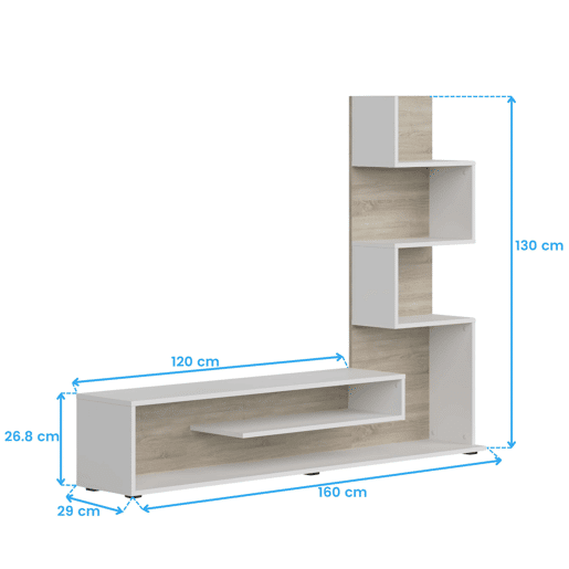 Móvel de TV estilo nórdico Snake para sala de estar e sala de jantar em carvalho Sonoma e Nymphaea Alba com 4 prateleiras 160x130x29 cm Móvel de TV estilo nórdico Snake para sala de estar e sala de jantar em carvalho Sonoma e Nymphaea Alba com 4 prateleiras 160x130x29 cm