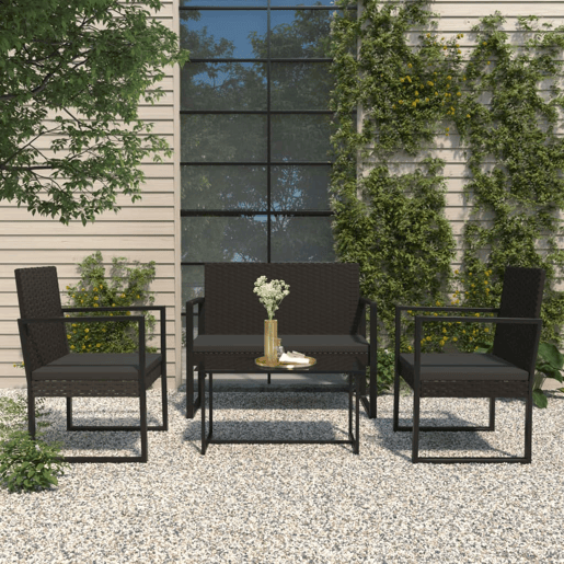 vidaXL 4 pcs conjunto lounge de jardim c almofadões vime PE preto vidaXL 4 pcs conjunto lounge de jardim c almofadões vime PE preto