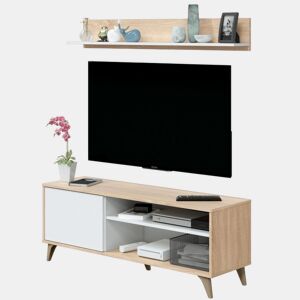 Pacote completo de móveis para sala de estar em branco e carvalho nórdico (armário de TV + aparador + vitrine + mesa de jantar + mesa de centro)