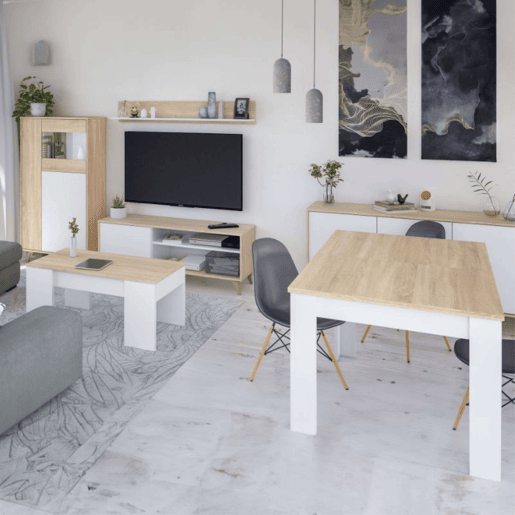 Pacote completo de móveis para sala de estar em branco e carvalho nórdico (armário de TV + aparador + vitrine + mesa de jantar + mesa de centro) Pacote completo de móveis para sala de estar em branco e carvalho nórdico (armário de TV + aparador + vitrine + mesa de jantar + mesa de centro)