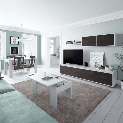 Conjunto de sala de estar industrial, armário de TV modular, mesa de centro, mesa de jantar, prateleiras, branco ferrugem