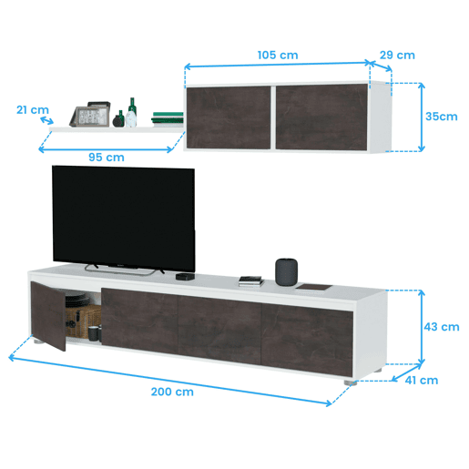 Conjunto de sala de estar industrial, armário de TV modular, mesa de centro, mesa de jantar, prateleiras, branco ferrugem