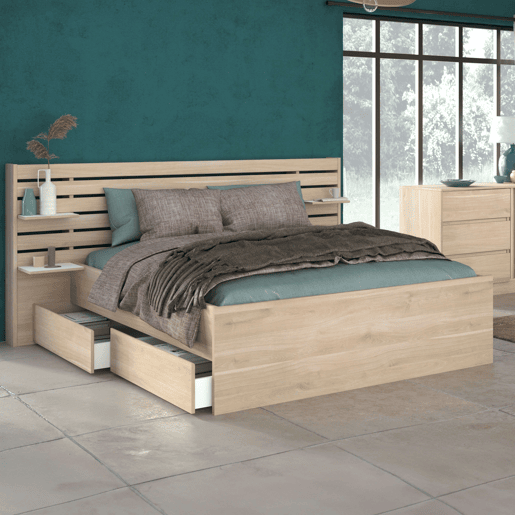 Cama de casal com cabeceira e gavetas inferiores na cor carvalho japonês 135-140x200 cm Cama de casal com cabeceira e gavetas inferiores na cor carvalho japonês 135-140x200 cm