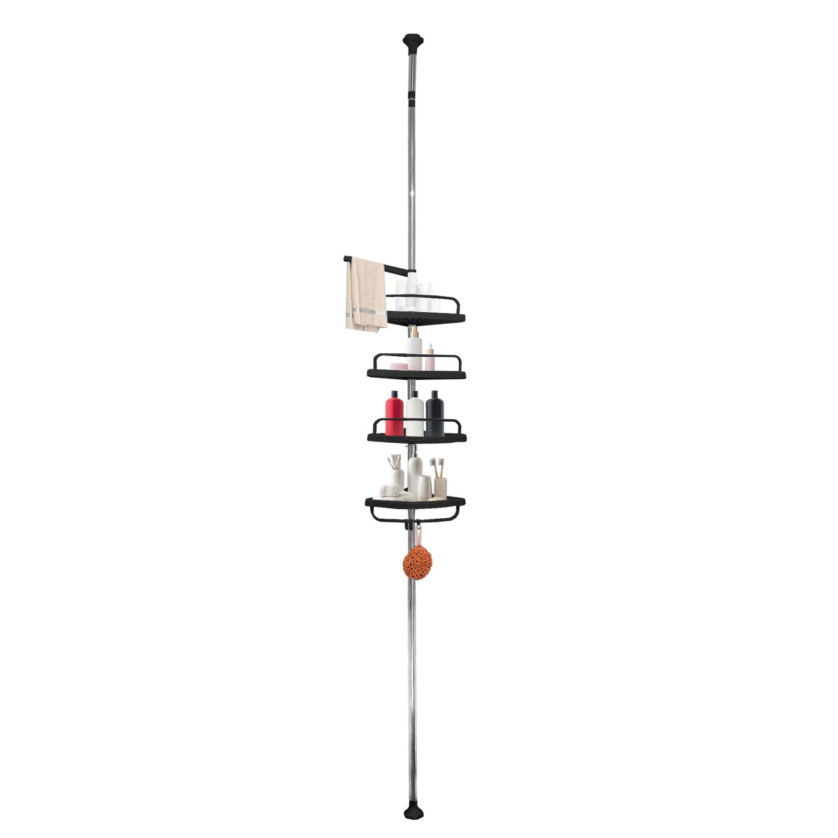 Estantería telescópica ducha baño 276 a 330 cm – 4 estantes ajustables con ganchos – sin taladro – acero inoxidable