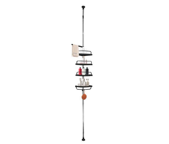 Estantería telescópica ducha baño 276 a 330 cm – 4 estantes ajustables con ganchos – sin taladro – acero inoxidable