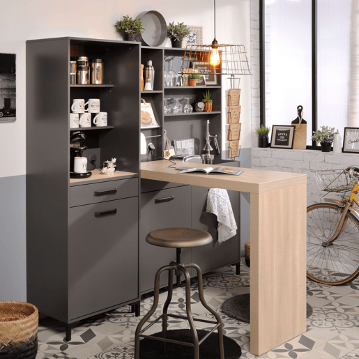 Coluna de Cozinha Smoke Estilo Industrial Cinza com 2 Prateleiras, 1 Gaveta e 1 Porta 60x188x42 cm