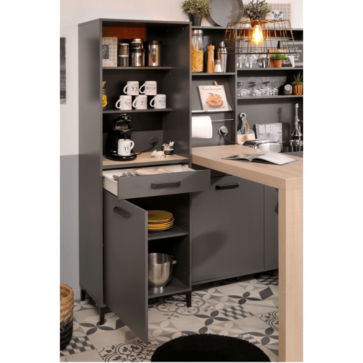 Coluna de Cozinha Smoke Estilo Industrial Cinza com 2 Prateleiras, 1 Gaveta e 1 Porta 60x188x42 cm