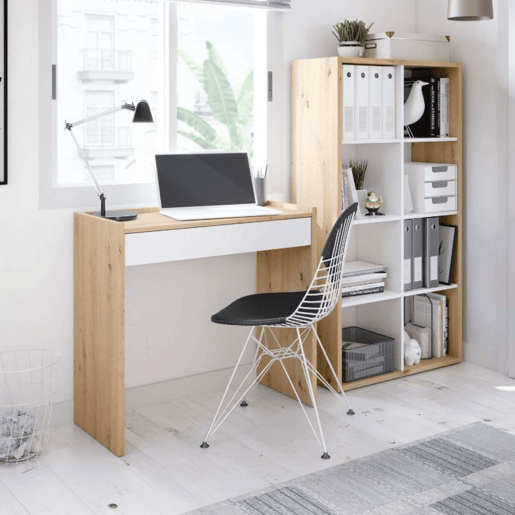 Mesa de estilo moderno com estante em branco Artik e carvalho Nodi Study Office Mesa de estilo moderno com estante em branco Artik e carvalho Nodi Study Office