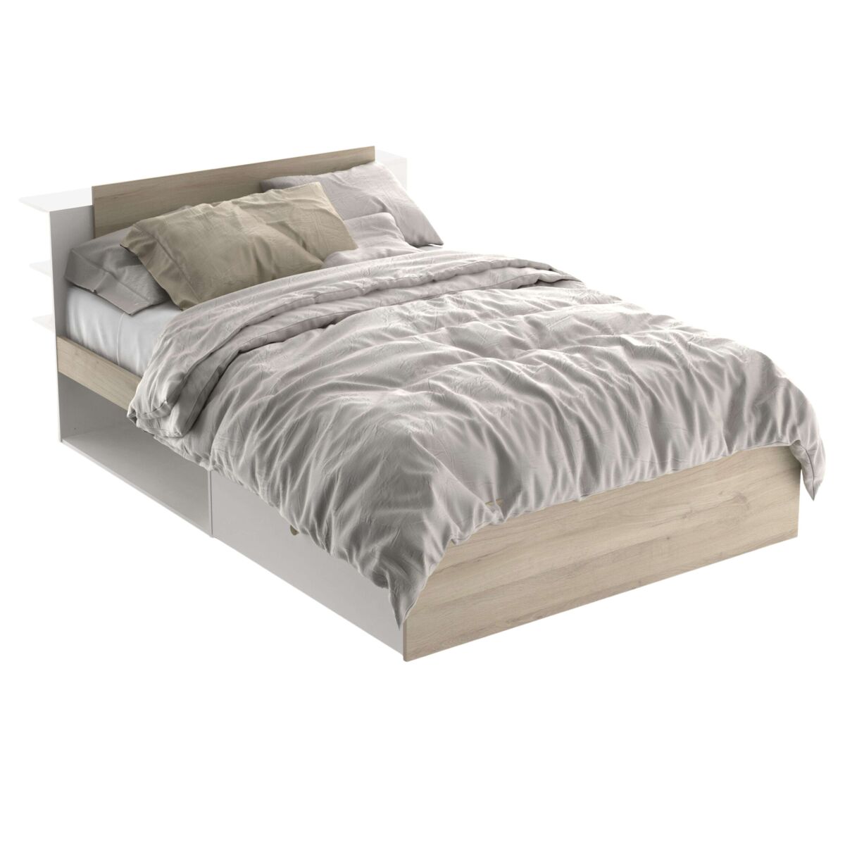 Dormitorio principal completo izzy color blanco mate y roble kronberg (cama+cómoda+mesitas)