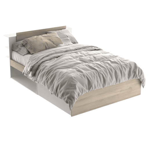 Quarto principal Izzy completo em branco fosco e carvalho Kronberg (cama + cômoda + mesas de cabeceira)