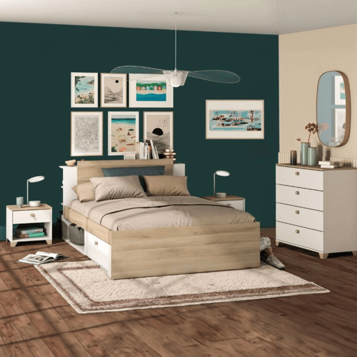 Quarto principal Izzy completo em branco fosco e carvalho Kronberg (cama + cômoda + mesas de cabeceira)