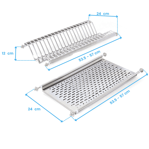 Escorredor de pratos para armários altos de cozinha em aço cinza com design de 53,557x24 cm para armários de 60 cm