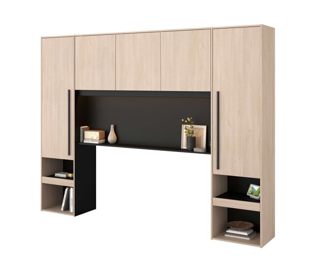 Pack dormitorio completo john cama con cajones y cabecero puente en varios colores (roble brooklyn/blanco shiny o roble brooklyn/negro stipple) en
