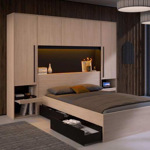 Pacote de quarto completo John Bed com gavetas e cabeceira Brooklyn Oak e Black Stipple Bridge (cama de 135-140x190 cm) Pacote de quarto completo John Bed com gavetas e cabeceira Brooklyn Oak e Black Stipple Bridge (cama de 135-140x190 cm)