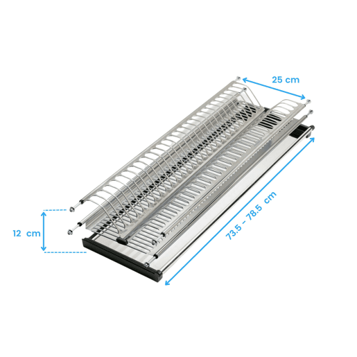 Escorredor de pratos de cozinha em aço inoxidável na cor cinza para armários de 80 cm de altura com medidas 77x4x24 cm