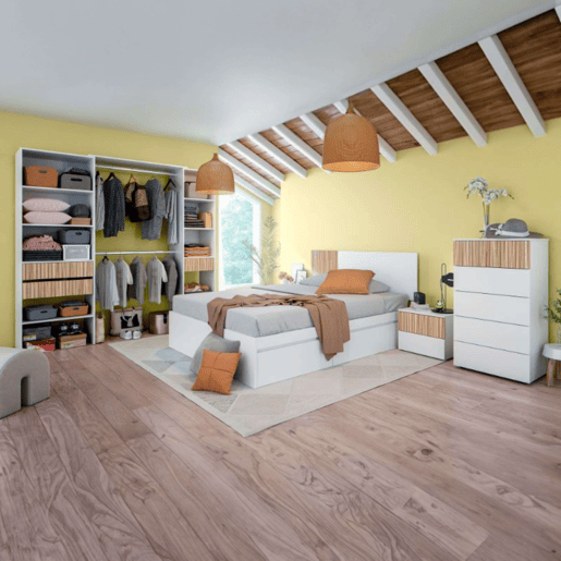 Quarto completo em estilo nórdico com móveis Artik naturais e brancos