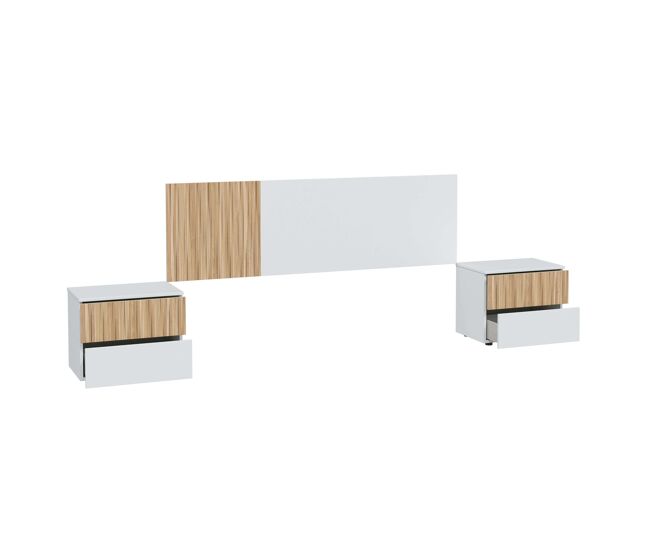 Pack dormitorio ethna cama, cabecero, mesitas y vestidor color blanco y natur