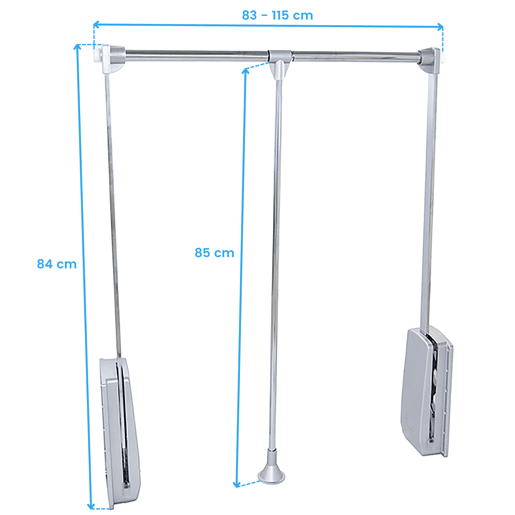Cabide dobrável para guarda-roupa Hang em cromo com extensão de 83 a 115 cm e dimensões totais de 115x84x83 cm