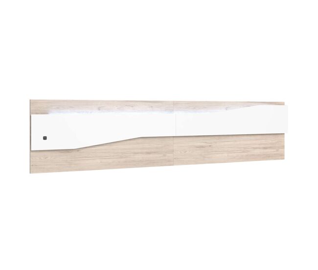 Pack de muebles de dormitorio asimetric en color blanco y robke sahara formado por cabecero, 2 mesitas de 2 o 3 cajones y cómoda