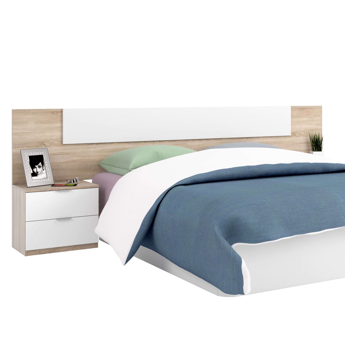 Habitación matrimonio completa color roble y blanco estilo nórdico (cama + cabecero + 2 mesitas + cómoda)
