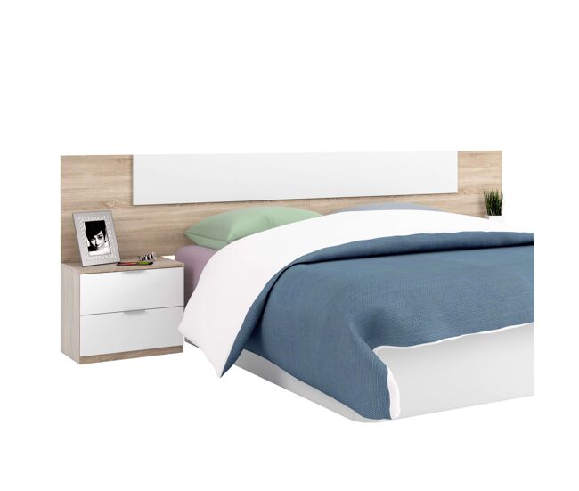 Habitación matrimonio completa color roble y blanco estilo nórdico (cama + cabecero + 2 mesitas + cómoda)