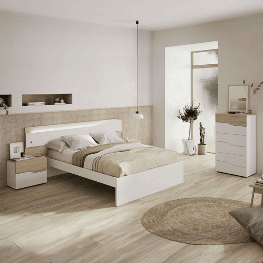 Pacote de móveis de quarto assimétricos em branco e Robke Sahara, composto por uma cabeceira, 2 mesas de cabeceira com 2 gavetas e uma cômoda Pacote de móveis de quarto assimétricos em branco e Robke Sahara, composto por uma cabeceira, 2 mesas de cabeceira com 2 gavetas e uma cômoda
