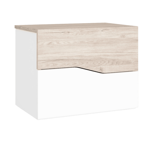 Pacote de móveis de quarto assimétricos em branco e Robke Sahara, composto por uma cabeceira, 2 mesas de cabeceira com 2 gavetas e uma cômoda Pacote de móveis de quarto assimétricos em branco e Robke Sahara, composto por uma cabeceira, 2 mesas de cabeceira com 2 gavetas e uma cômoda